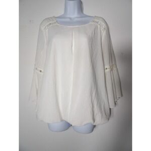 AB Studio Large Tunic Top White Boho Bell Sleeve Eyelet Lined Pleated Hippie Pea